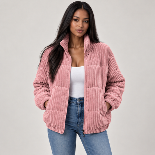 Harlow Puffer Jacket | Lightweight, Ribbed Texture, Stand Collar, Side Pockets