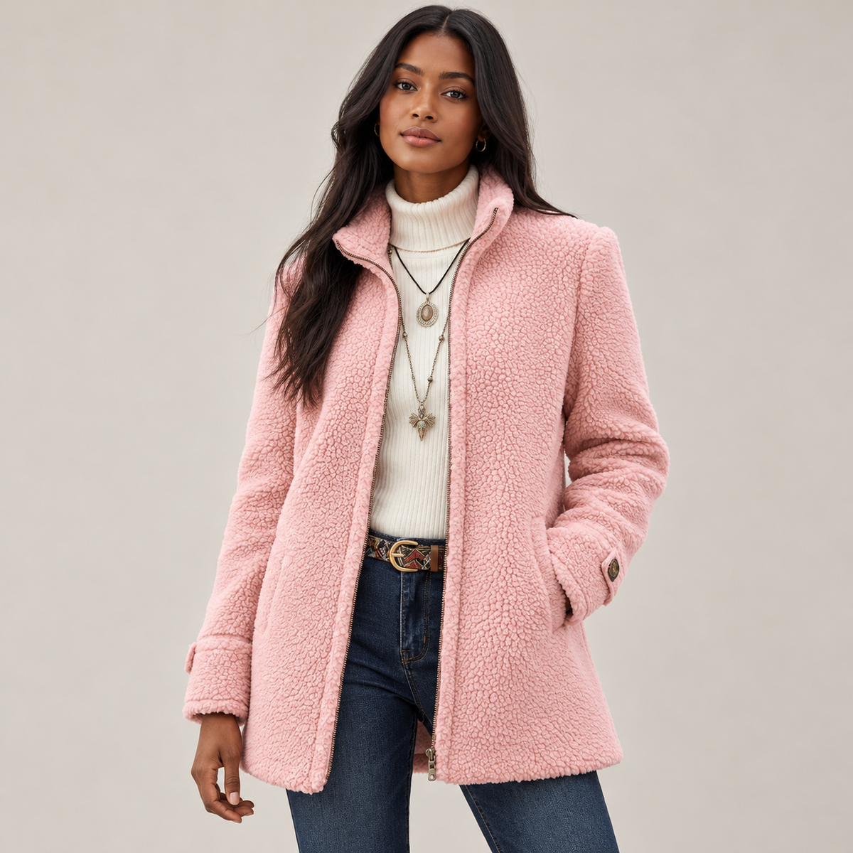 Talia Teddy Fleece Jacket | Zip-Up, High Stand Collar, Side Pockets