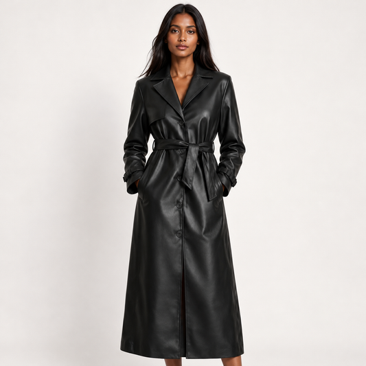 Talia Women's Trench Coat | Faux Leather, Belted Waist