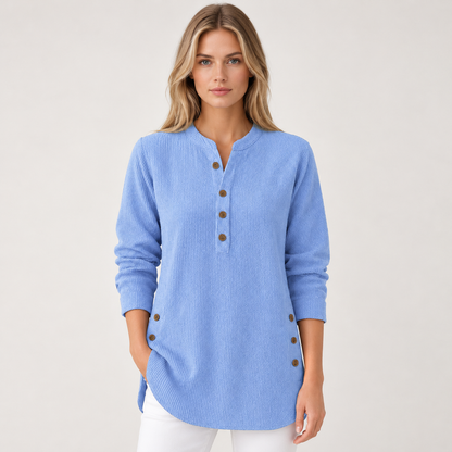 Rina Women's Tunic Top | Ribbed Henley Neckline with Side Button Detail