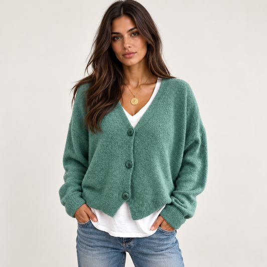 Rina Women's Cropped Cardigan | Soft V-Neck, Relaxed Fit