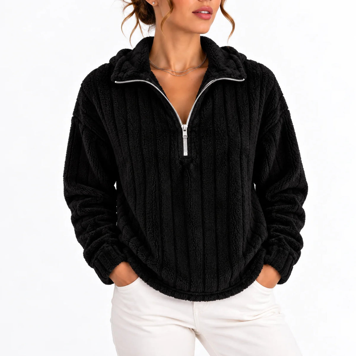 Rina Women's Half-Zip Sweatshirt | Ribbed Fleece, Relaxed Fit 0