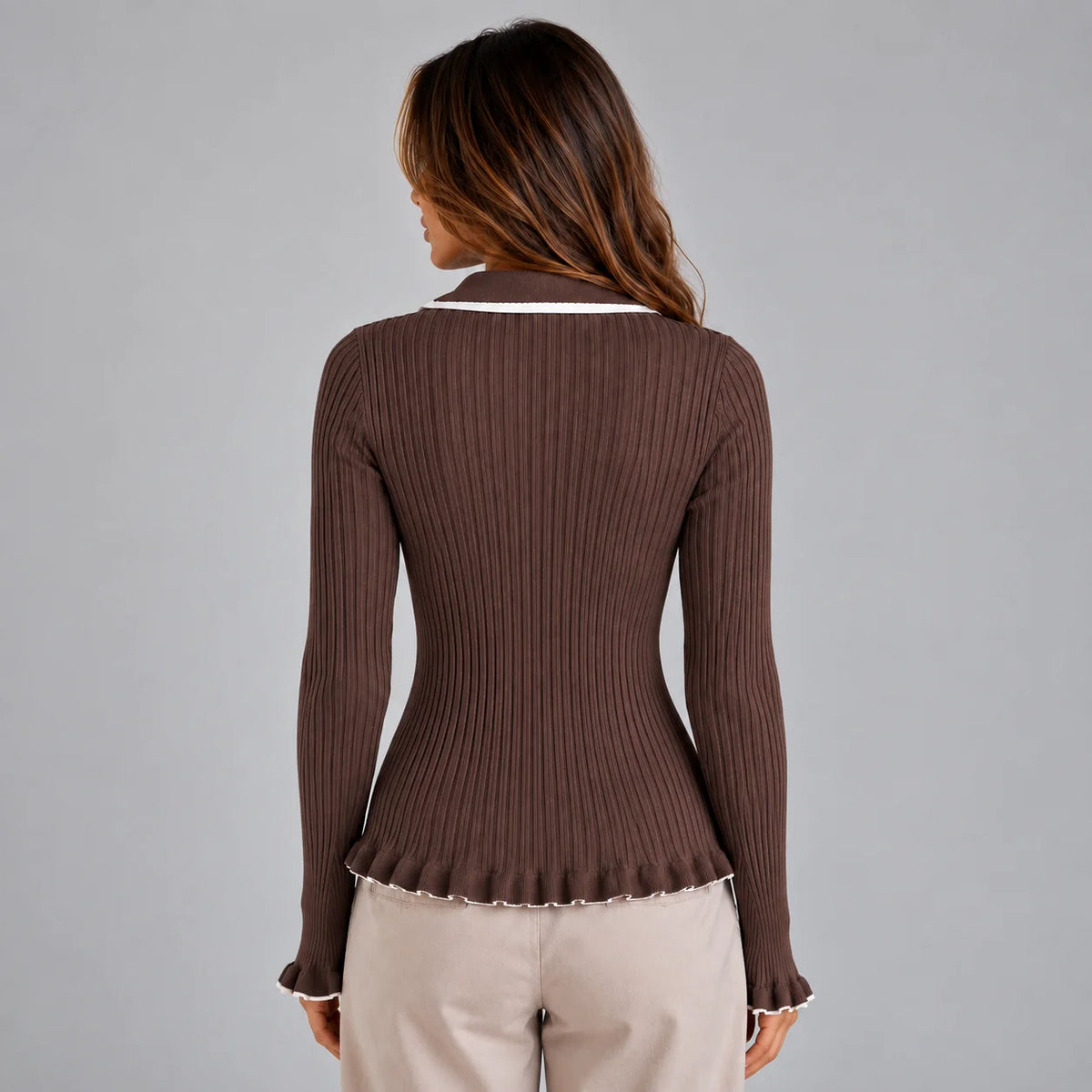 Rina Women's Top | Ribbed Knit with Contrast Collar and Gold Buttons 1