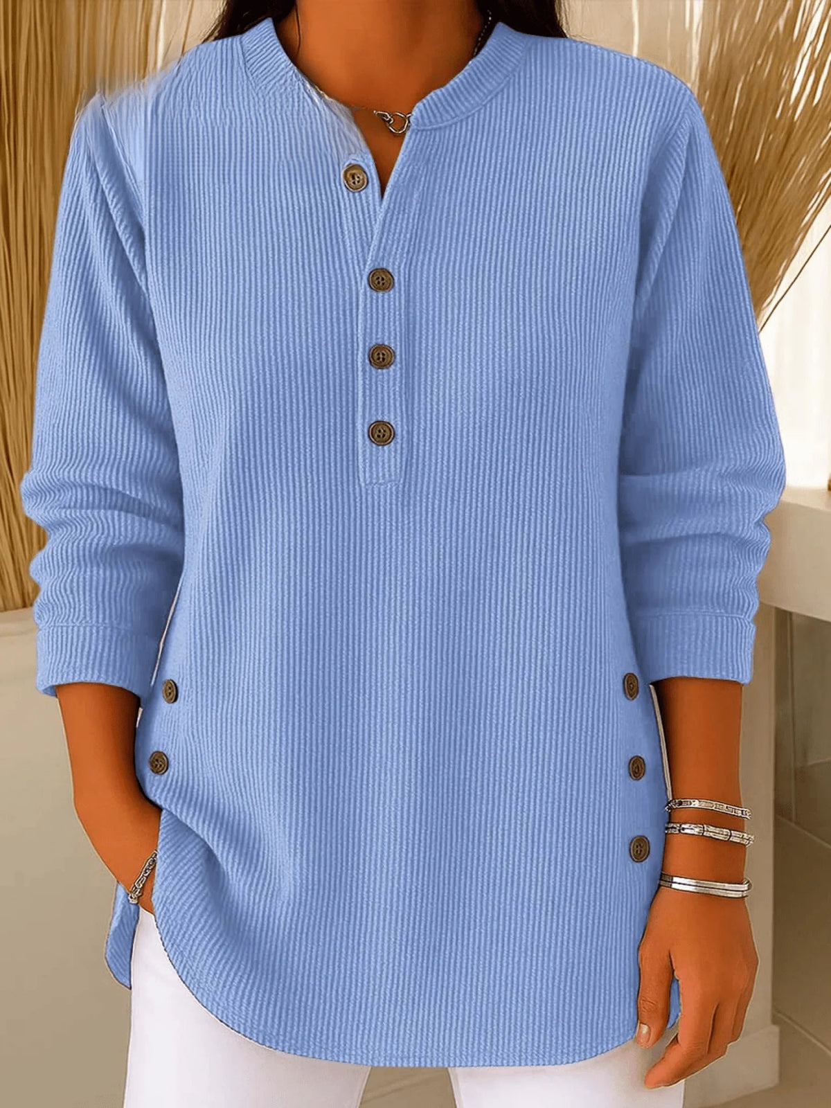 Rina Women's Tunic Top | Ribbed Henley Neckline with Side Button Detail 0