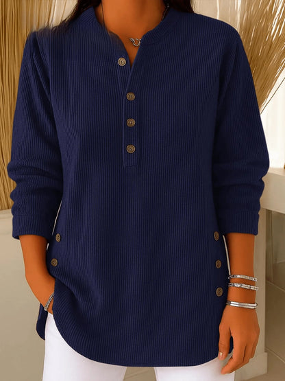 Rina Women's Tunic Top | Ribbed Henley Neckline with Side Button Detail 2