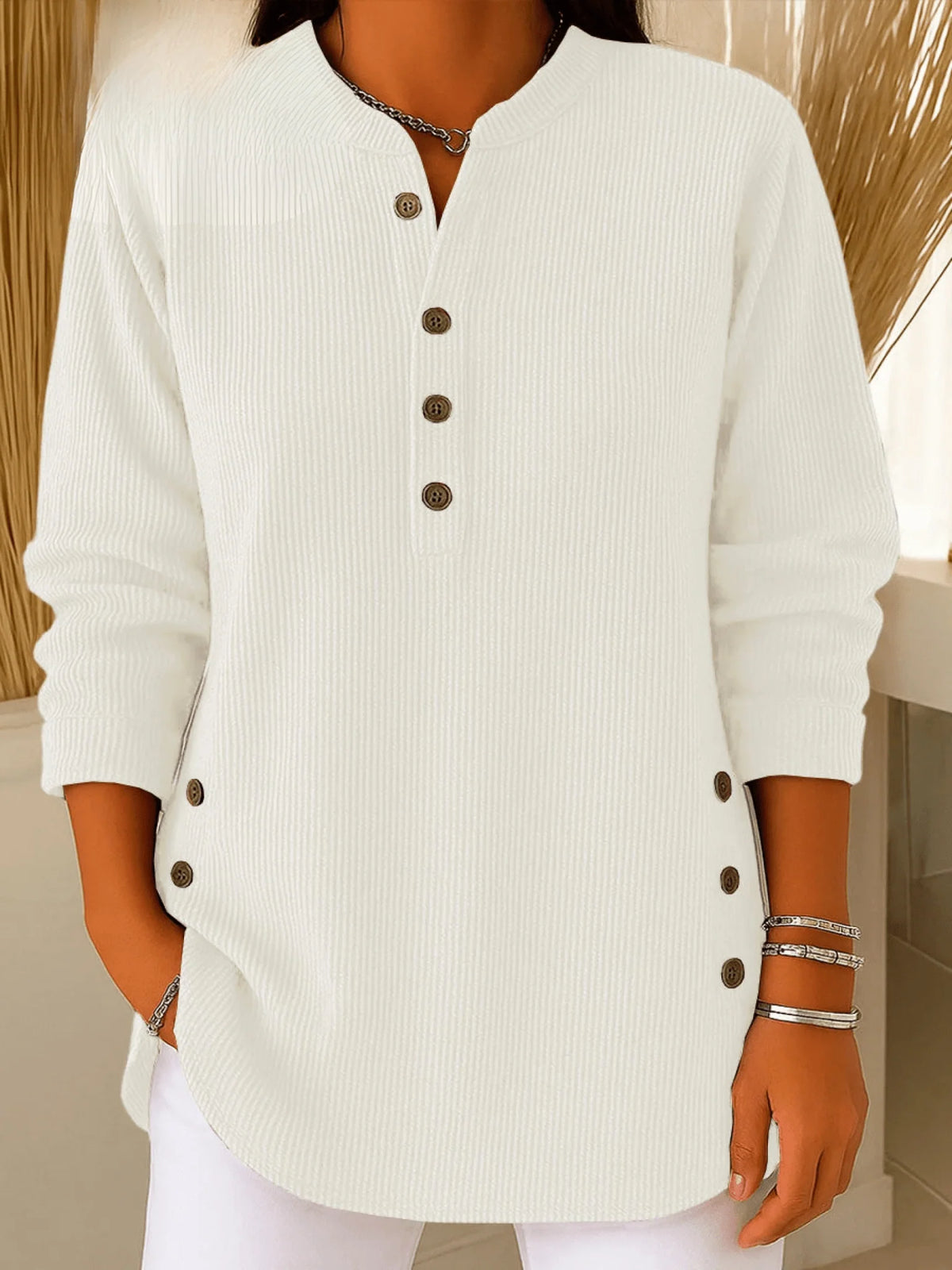 Rina Women's Tunic Top | Ribbed Henley Neckline with Side Button Detail 4