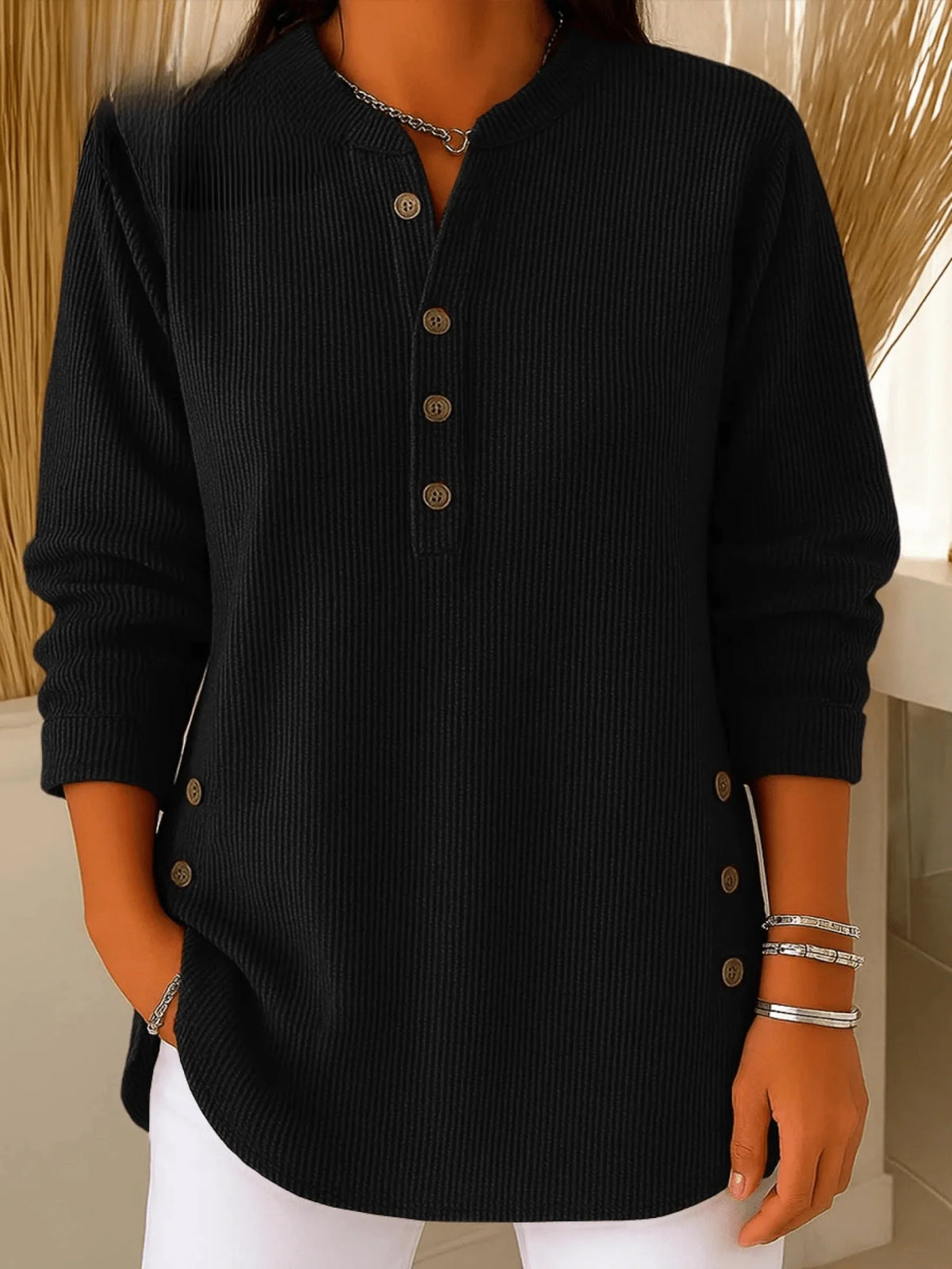 Rina Women's Tunic Top | Ribbed Henley Neckline with Side Button Detail 5