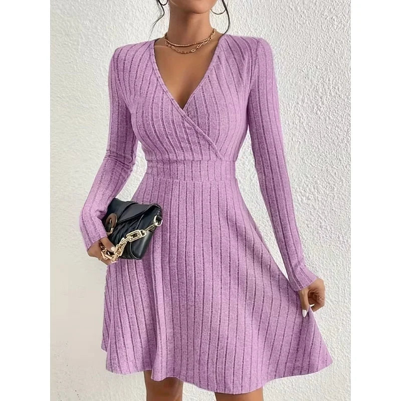 Riva Women's Dress | Ribbed Knit, Wrap Front, V-Neckline, Long Sleeves 0