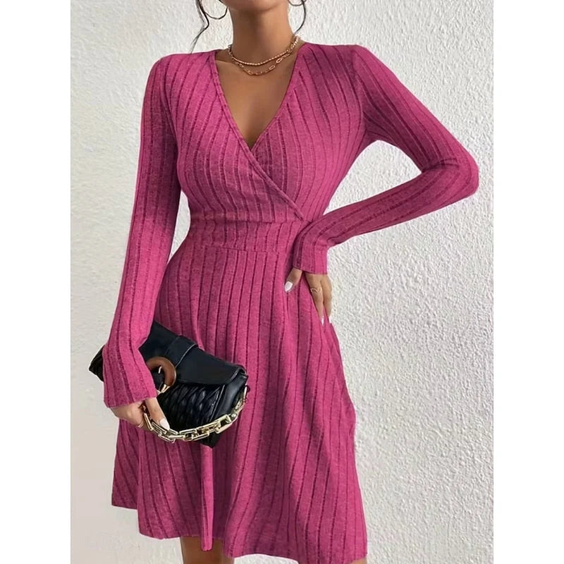 Riva Women's Dress | Ribbed Knit, Wrap Front, V-Neckline, Long Sleeves 5
