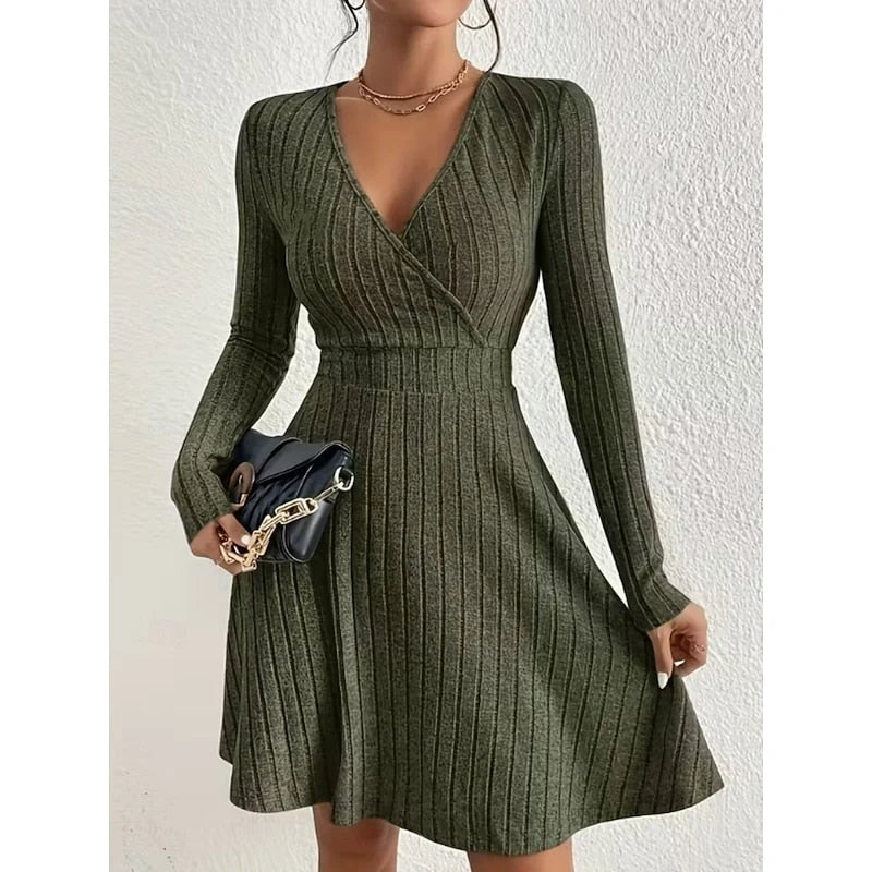 Riva Women's Dress | Ribbed Knit, Wrap Front, V-Neckline, Long Sleeves 6