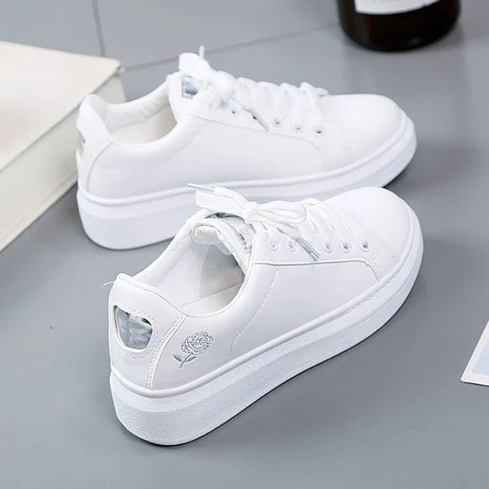 Rosalind Women's Sneakers | White Embroidered Rose, Metallic Heel 2