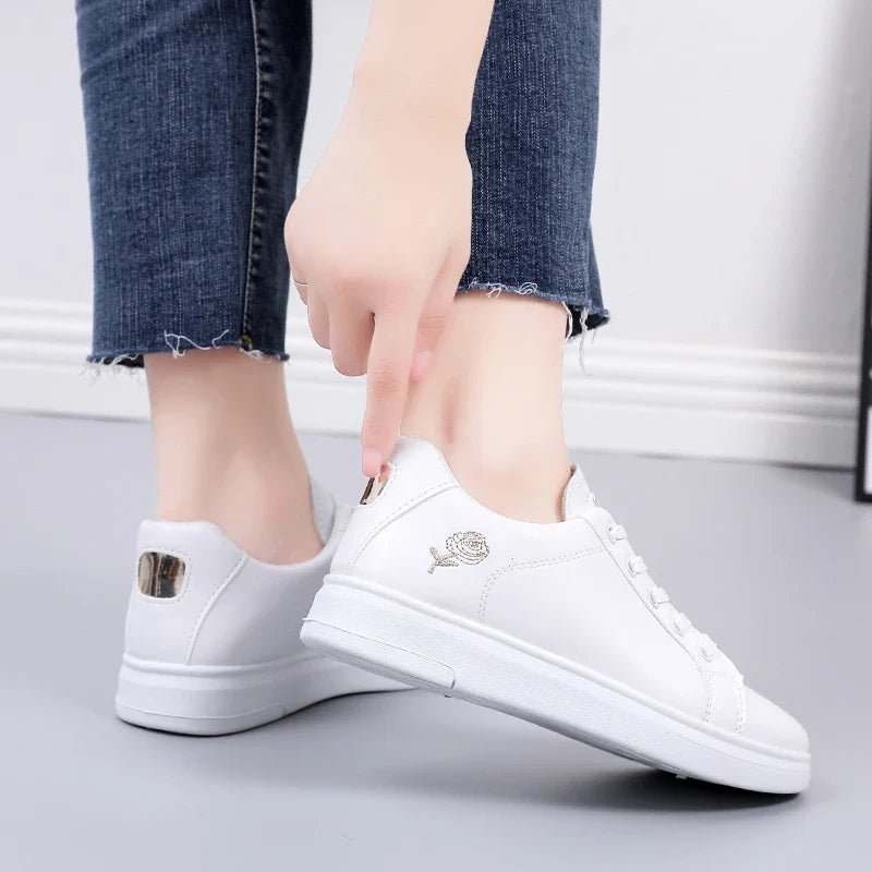 Rosalind Women's Sneakers | White Embroidered Rose, Metallic Heel 3