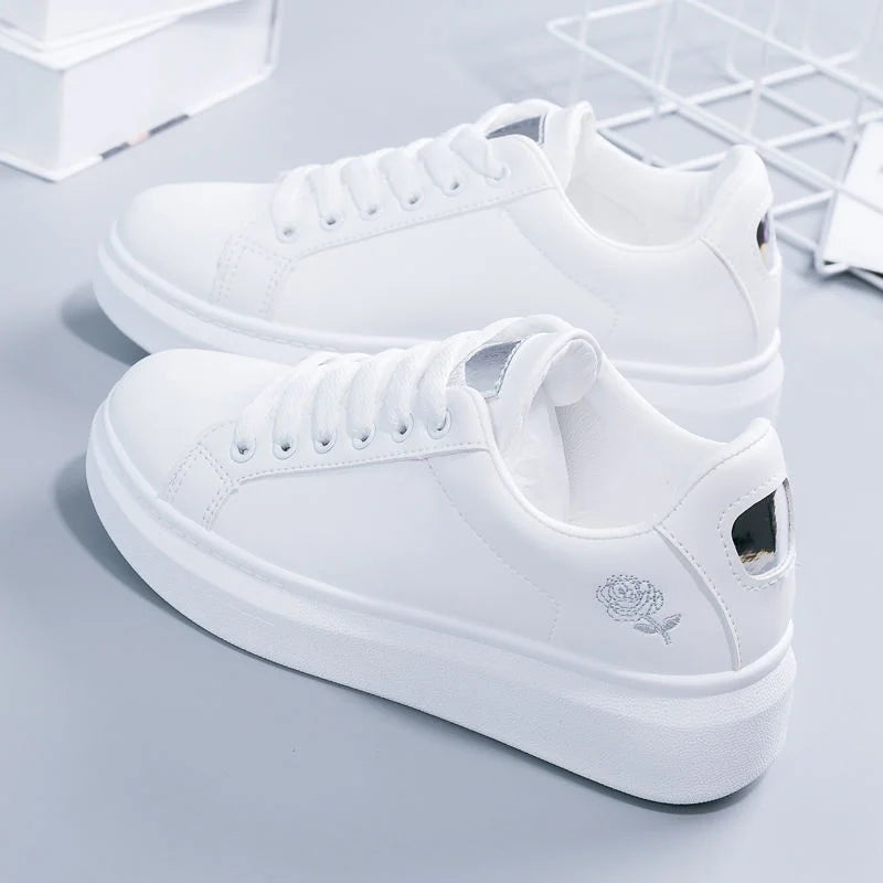 Rosalind Women's Sneakers | White Embroidered Rose, Metallic Heel 7