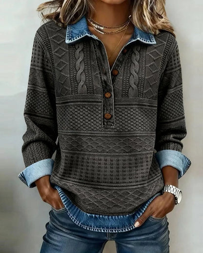 Rylan Women's Sweater | Cable Knit with Denim Collar, Relaxed Fit 1
