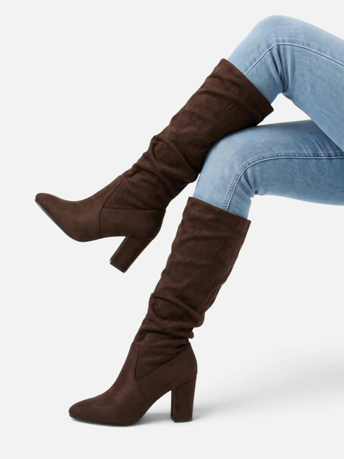 Sarina Women's Black Knee High Boots | Suede Look, Slouch Block Heel 8
