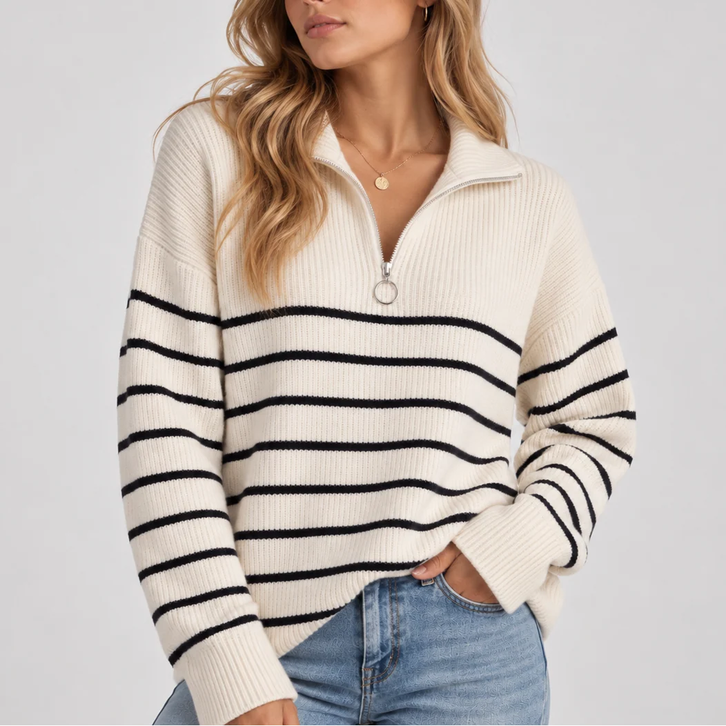Sarina Women's Sweater | Striped Quarter Zip, Relaxed Fit 1