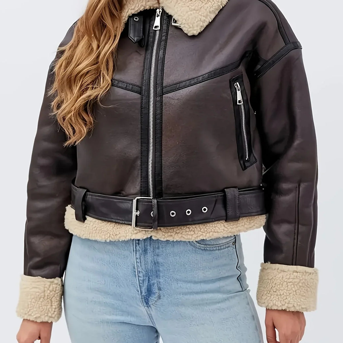 Sela Women's Cropped Jacket | Faux Fur with Shearling Lining, Adjustable Waist Belt 0
