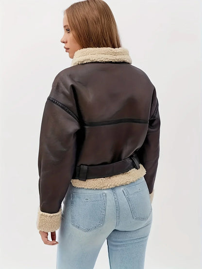 Sela Women's Cropped Jacket | Faux Fur with Shearling Lining, Adjustable Waist Belt 1