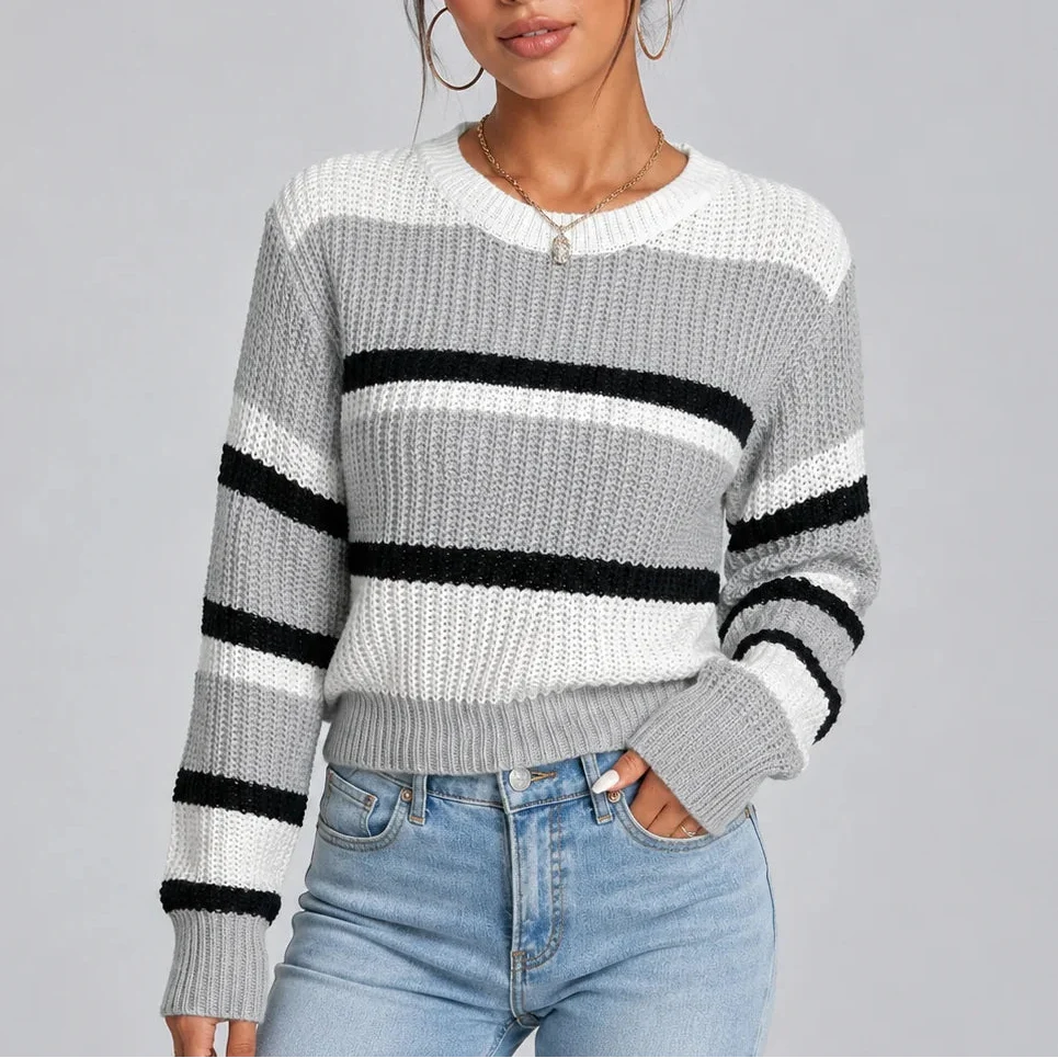 Sera Women's Sweater | Soft Knitted Striped Crew Neck 0