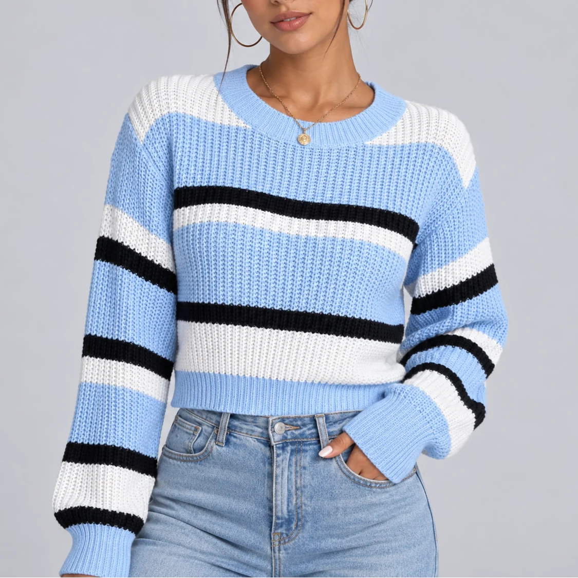 Sera Women's Sweater | Soft Knitted Striped Crew Neck 3