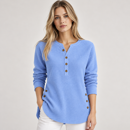 Rina Women's Tunic Top | Ribbed Henley Neckline with Side Button Detail
