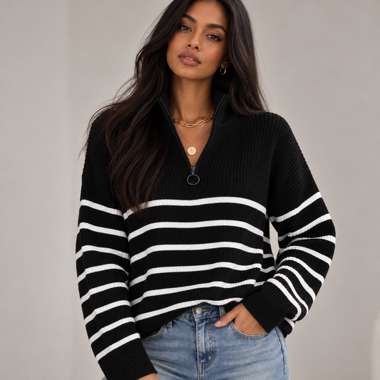 Sarina Women's Sweater | Striped Quarter Zip, Relaxed Fit