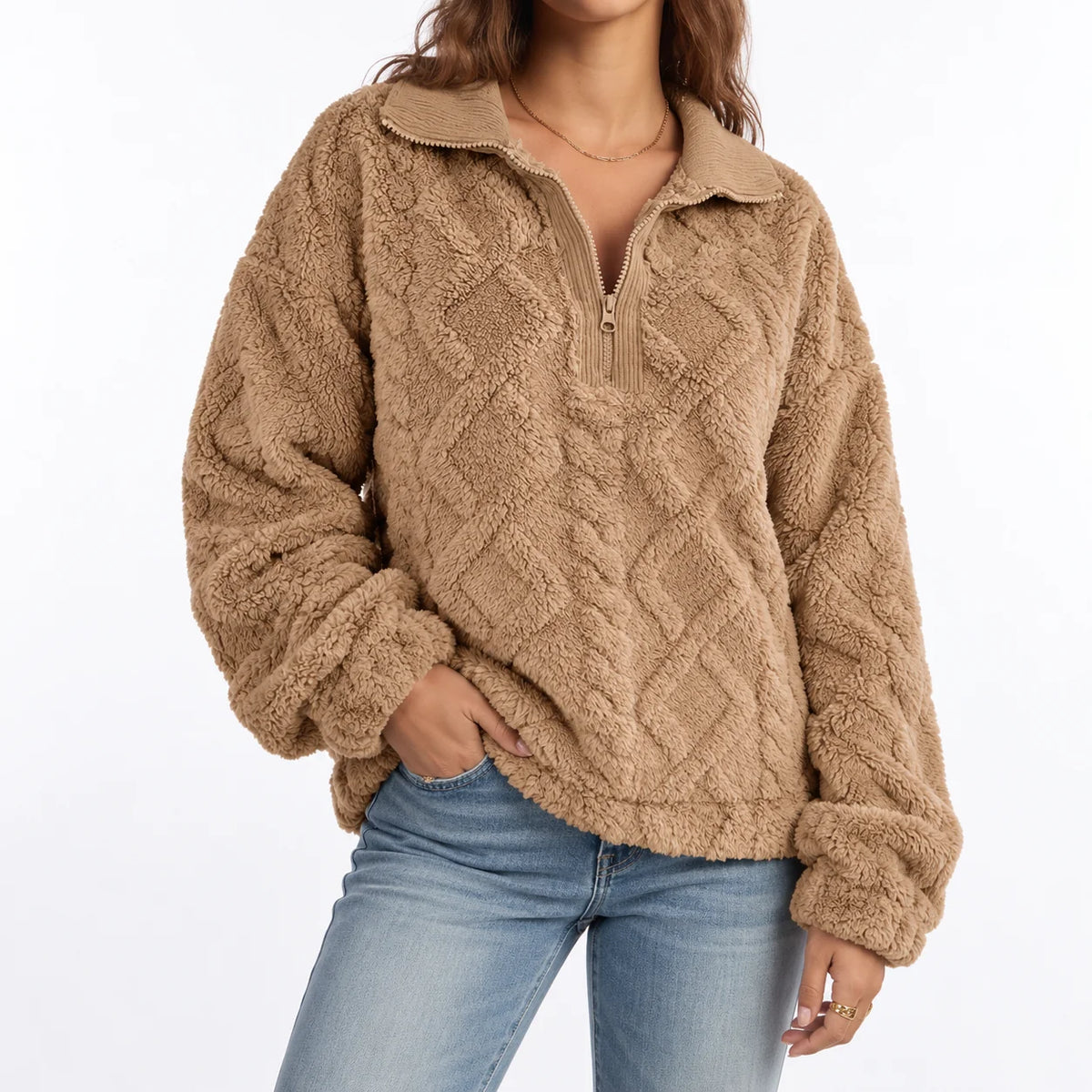 Talia Women's Fleece Pullover | Textured Cable Knit, Quarter Zip 2