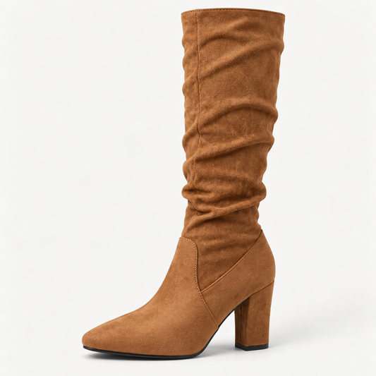 Sarina Women's Black Knee High Boots | Suede Look, Slouch Block Heel