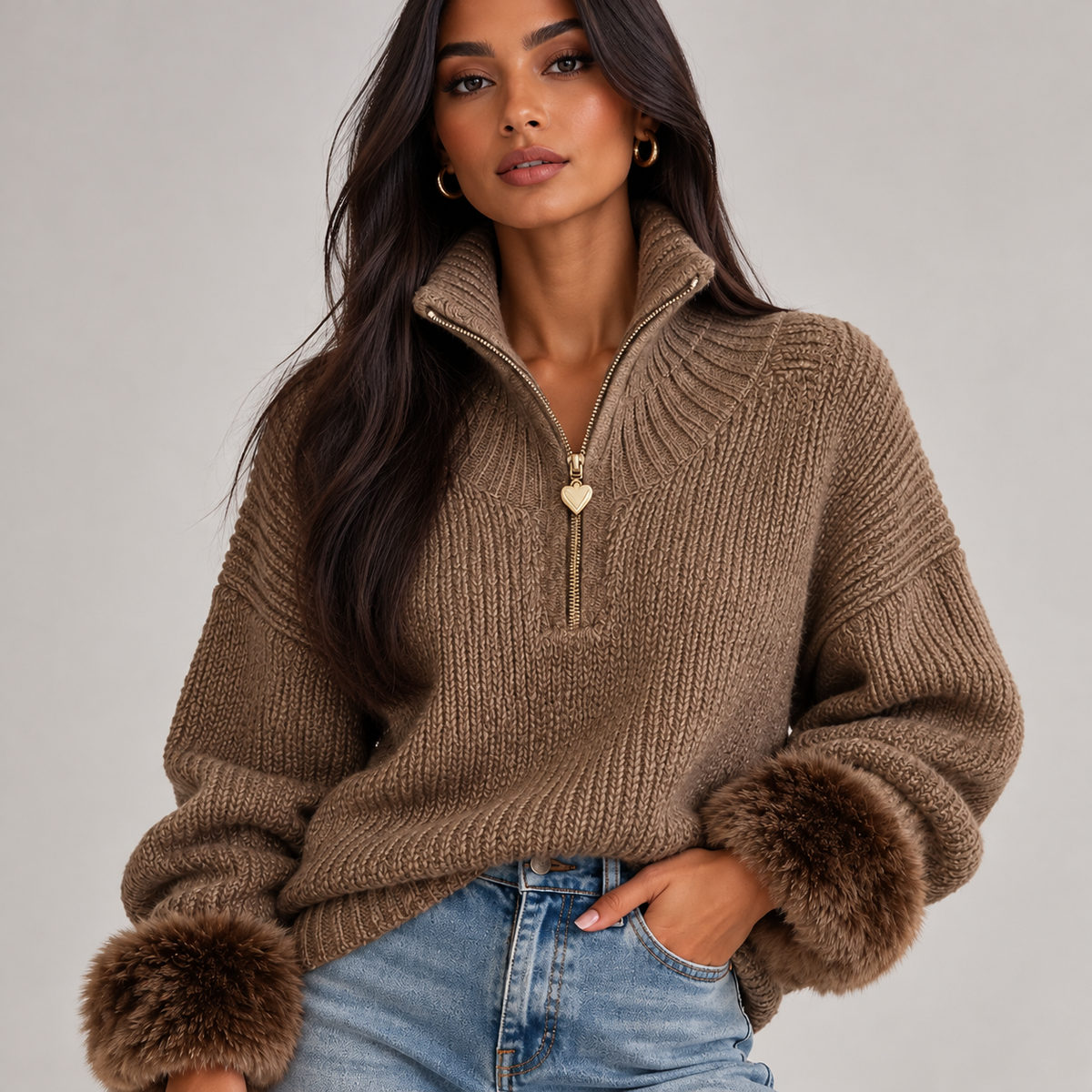 Willa Women's Oversized Half-Zip Knit Sweater | Chunky Knit, Faux Fur Cuffs