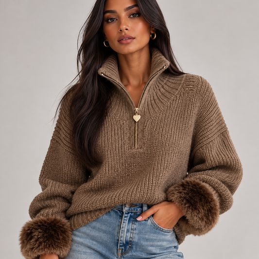 Willa Women's Oversized Half-Zip Knit Sweater | Chunky Knit, Faux Fur Cuffs