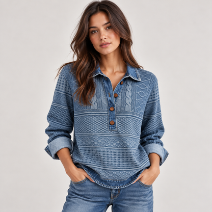 Rylan Women's Sweater | Cable Knit with Denim Collar, Relaxed Fit