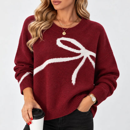 Vera Women's Oversized Sweater | Soft Knitted V-Neck with Bow Print 2