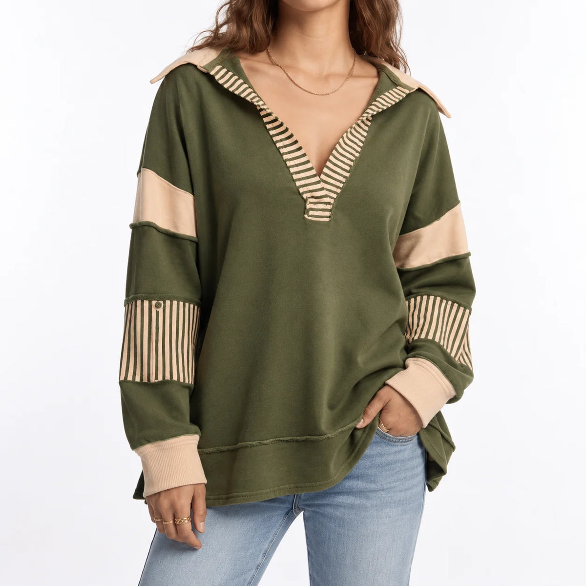 Vera Women's Oversized V-Neck Sweatshirt | Striped Sleeves Casual 0