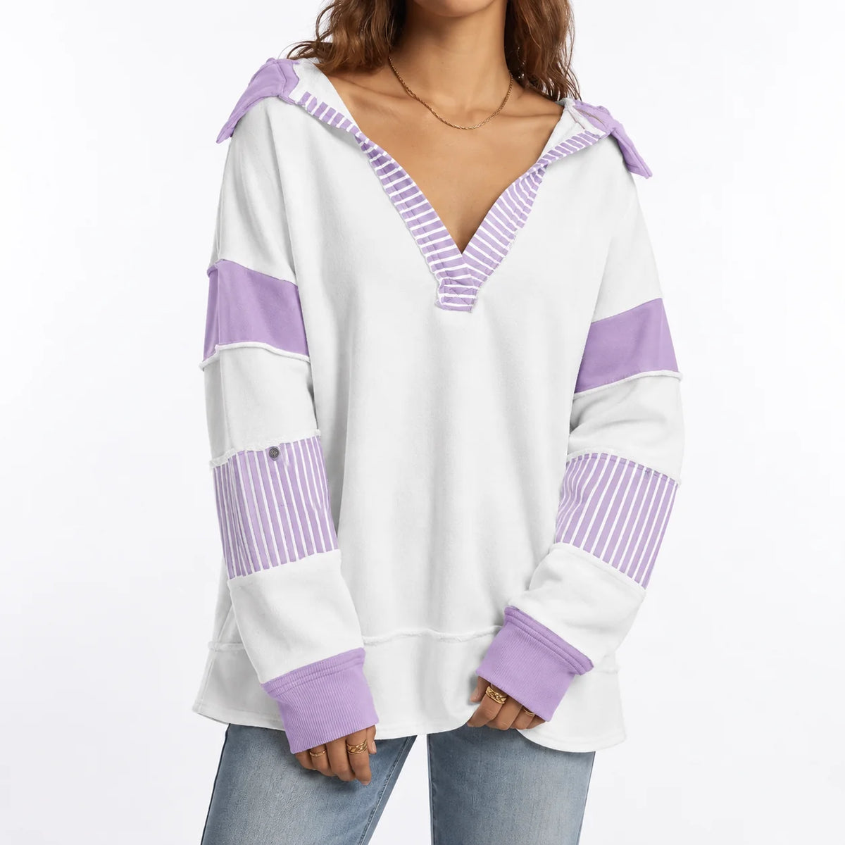 Vera Women's Oversized V-Neck Sweatshirt | Striped Sleeves Casual 1
