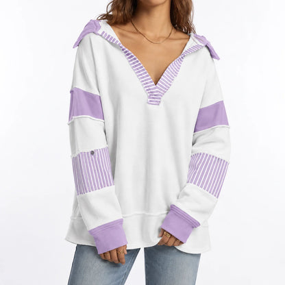 Vera Women's Oversized V-Neck Sweatshirt | Striped Sleeves Casual 1