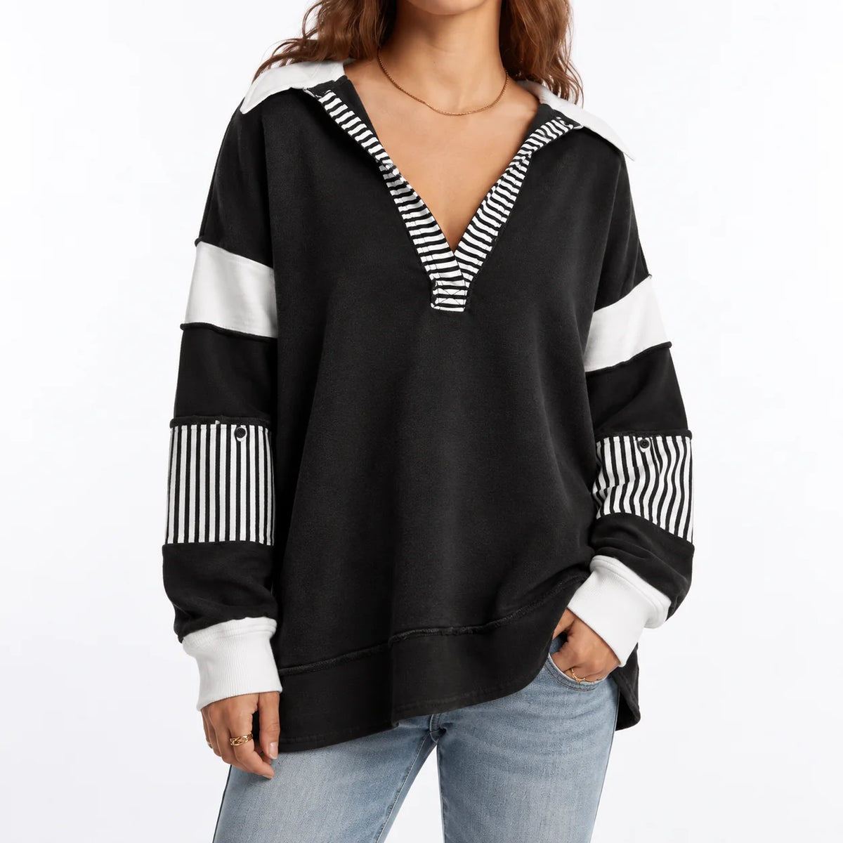 Vera Women's Oversized V-Neck Sweatshirt | Striped Sleeves Casual 3