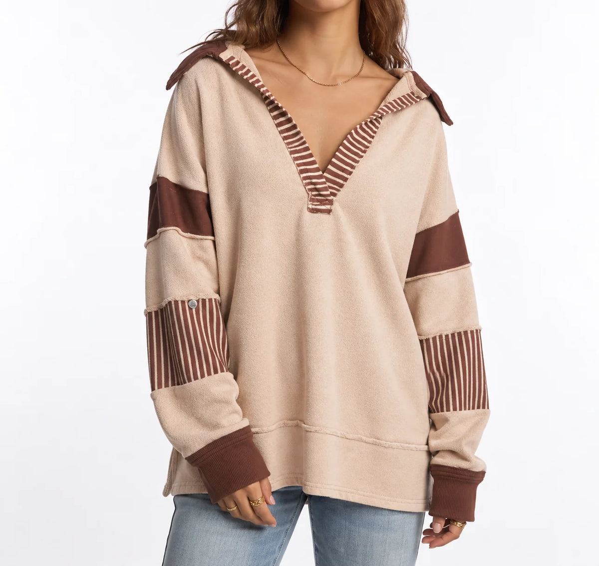 Vera Women's Oversized V-Neck Sweatshirt | Striped Sleeves Casual 4