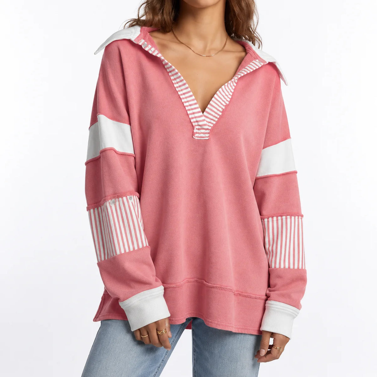Vera Women's Oversized V-Neck Sweatshirt | Striped Sleeves Casual 5