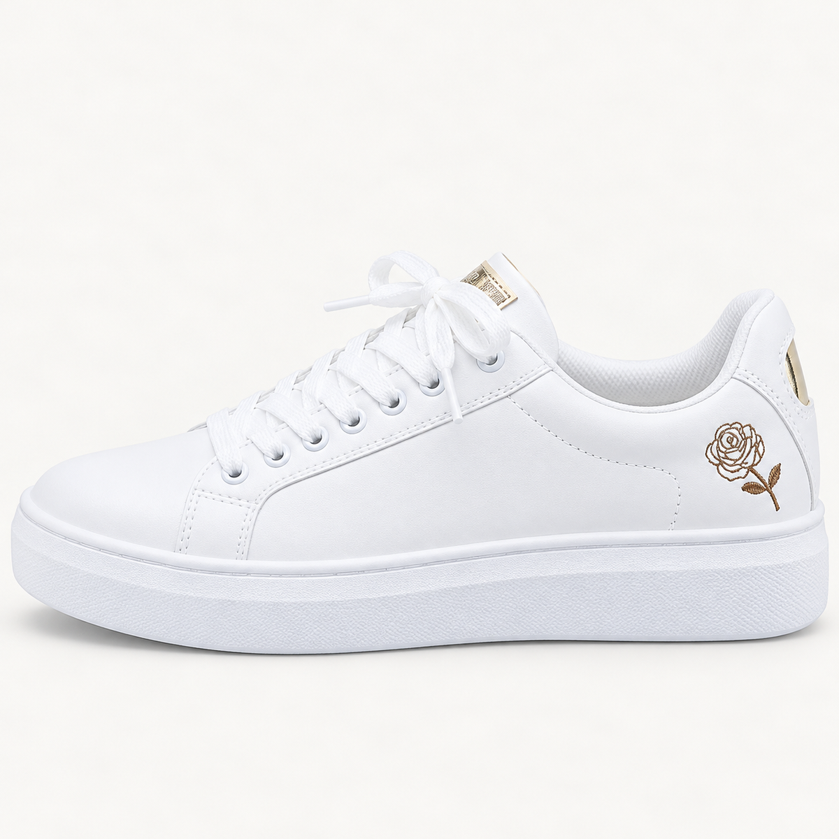 Rosalind Women's Trainers | White Embroidered Rose, Metallic Heel