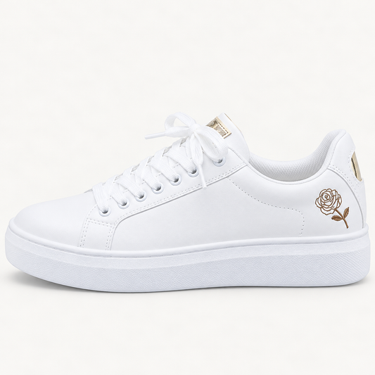 Rosalind Women's Trainers | White Embroidered Rose, Metallic Heel