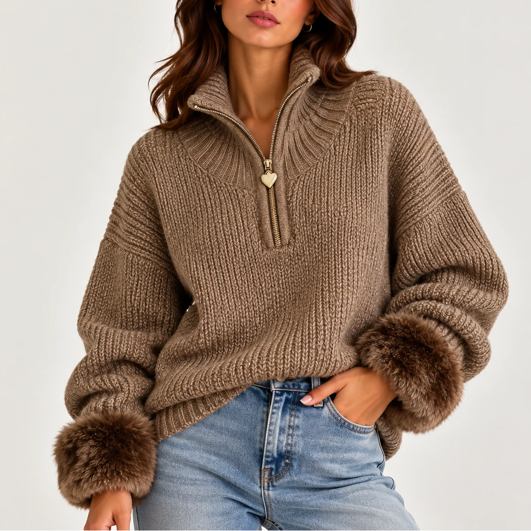 Willa Women's Oversized Half-Zip Knit Sweater | Chunky Knit, Faux Fur Cuffs 0