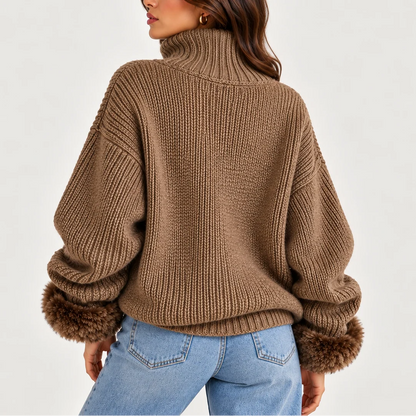 Willa Women's Oversized Half-Zip Knit Sweater | Chunky Knit, Faux Fur Cuffs 2